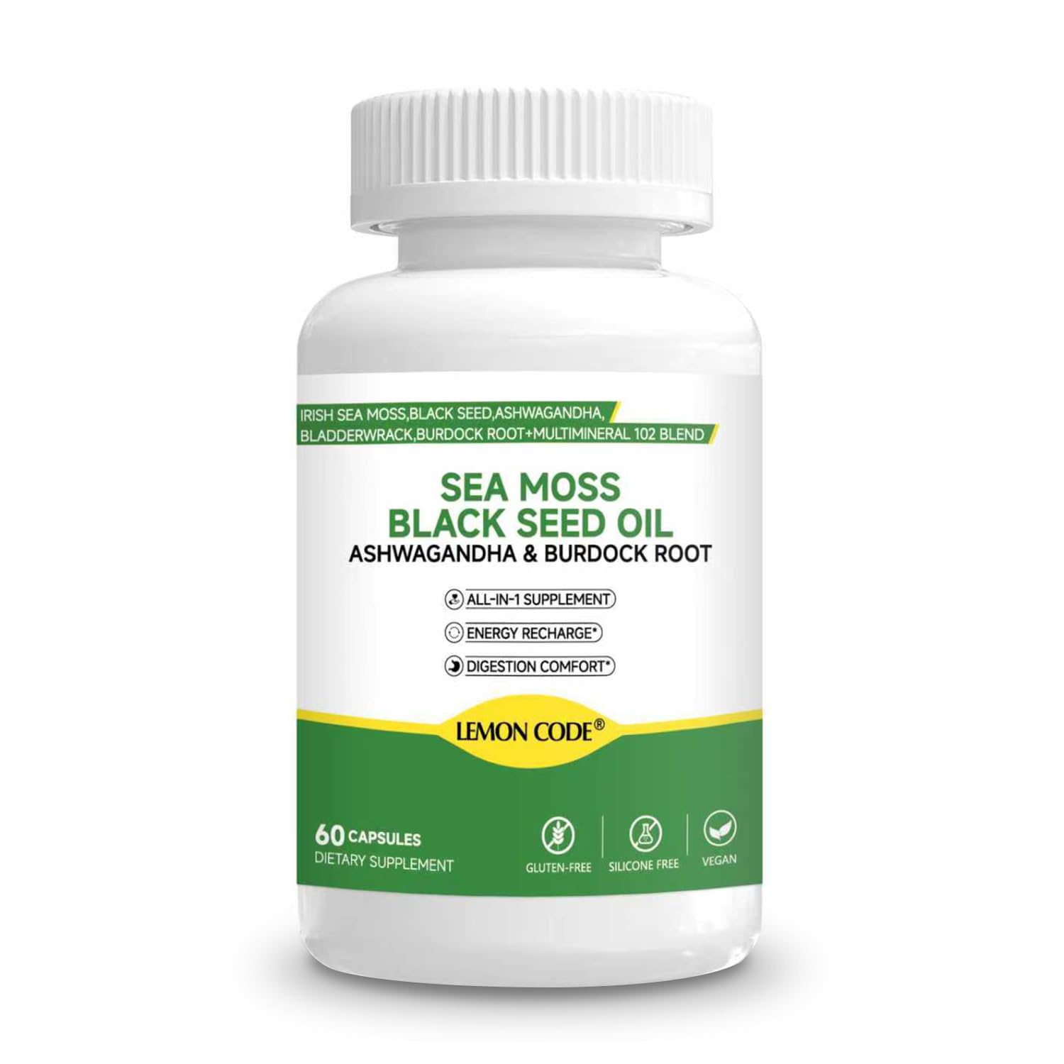 LEMON CODE Sea Moss & Black Seed Oil Capsules with Burdock & Bladderwrack & Ashwagandha, Vitamin C&D,Natural Herbal Complex for Daily Balance, Energy & Digestive Support, Vegan, Non-GMO, 60 Capsules LEMON CODEAu supplements