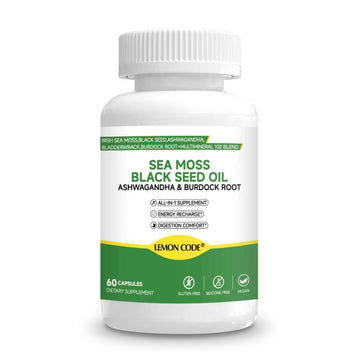LEMON CODE Sea Moss & Black Seed Oil Capsules with Burdock & Bladderwrack & Ashwagandha, Vitamin C&D,Natural Herbal Complex for Daily Balance, Energy & Digestive Support, Vegan, Non-GMO, 60 Capsules LEMON CODEAu supplements
