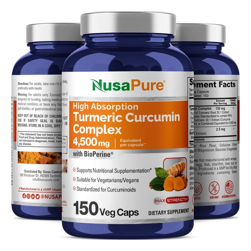 NusaPure Turmeric Curcumin Complex 4,500mg per caps, 150 caps, Non-GMO, Gluten-Free, & Bioperine NusaPureAu supplements