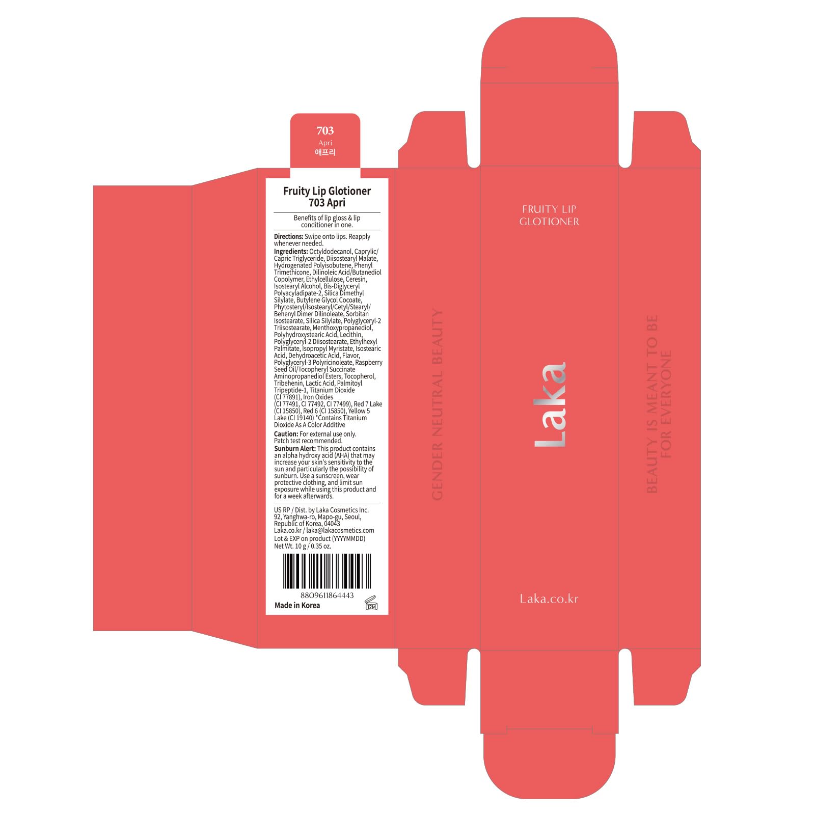 Laka Fruity Lip Glotioner, 10ml/0.33 fl.oz, Lip Gloss with High Shine Vivid Colors, Jelly tip for Hygienic & Easy Application, K-Beauty (#703 Apri) LakaAu supplements