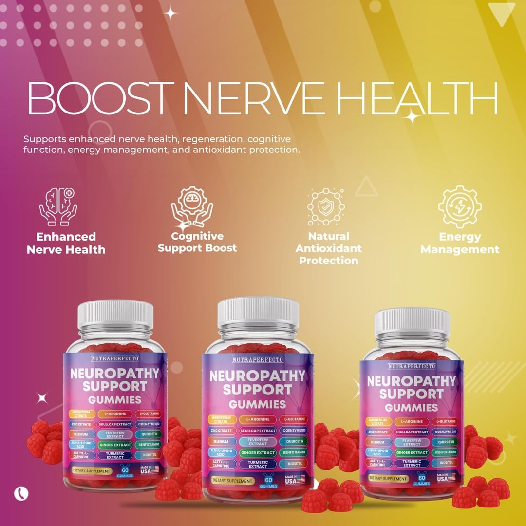 Sugar Free Neuropathy Support Gummies for Nerve – Enhanced Nerve Health, Regeneration, Cognitive Support with Vitamin B1, B6, B12, Magnesium, ALA, Turmeric, CoQ10 & More NutraPerfectoAu supplements