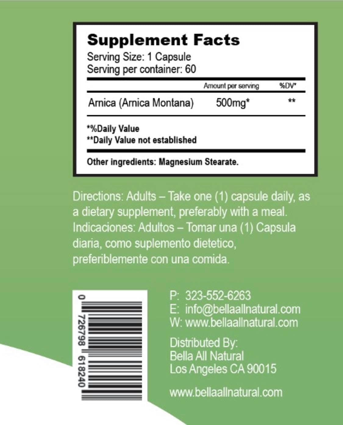 Bella All Natural Arnica Capsules 500 mg, 60 Count Bella All NaturalUS supplements