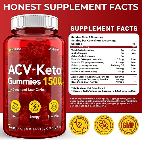 Keto ACV Gummies 1500 mg - Low Sugar Green Apple Flavor - Vegan ACV Keto Gummies SunVerdeUS supplements