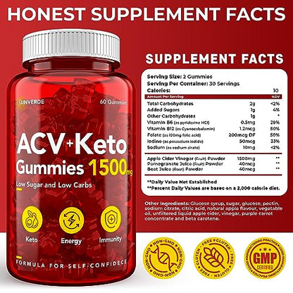 Keto ACV Gummies 1500 mg - Low Sugar Green Apple Flavor - Vegan ACV Keto Gummies SunVerdeUS supplements