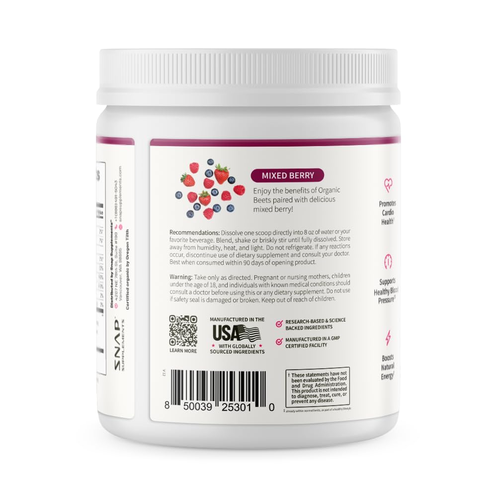 Snap Supplements Organic Beet Root Powder Nitric Oxide Supplement for Men & Women, Red Spinach & Pomegranate, Supports Healthy Energy & Blood Pressure Already in Normal Range, 30 Servings, Mixed Berry Snap SupplementsAu supplements