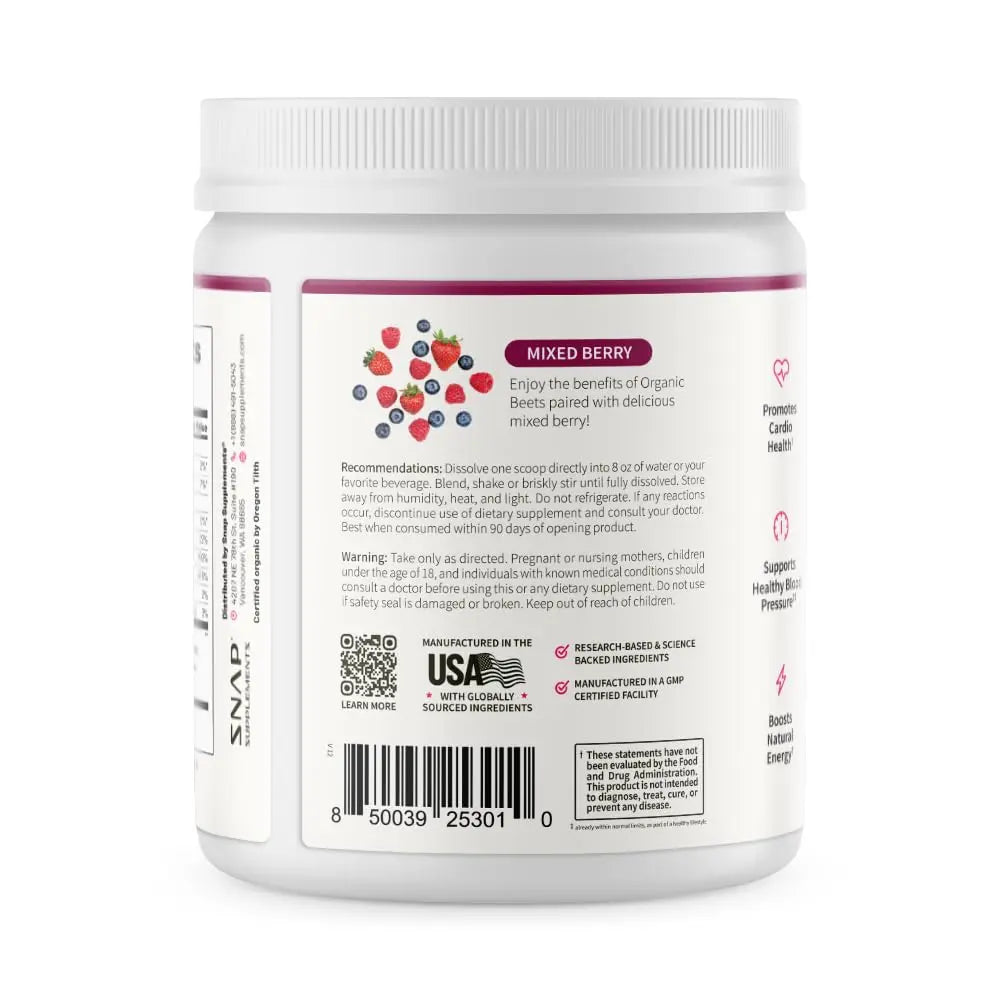 Snap Supplements Organic Beet Root Powder Nitric Oxide Supplement for Men & Women, Red Spinach & Pomegranate, Supports Healthy Energy & Blood Pressure Already in Normal Range, 30 Servings, Mixed Berry Snap Supplementsnz supplements