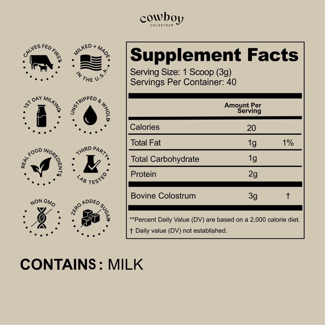 Cowboy - The Exclusive 1st Milking, Whole, Grass Fed Colostrum Supplement for Full Body Health - Bovine Colostrum Powder Packed w/Bioactive Nutrients - Sugar Free (Unflavored, 40 Servings) COWBOY COLOSTRUMAu supplements