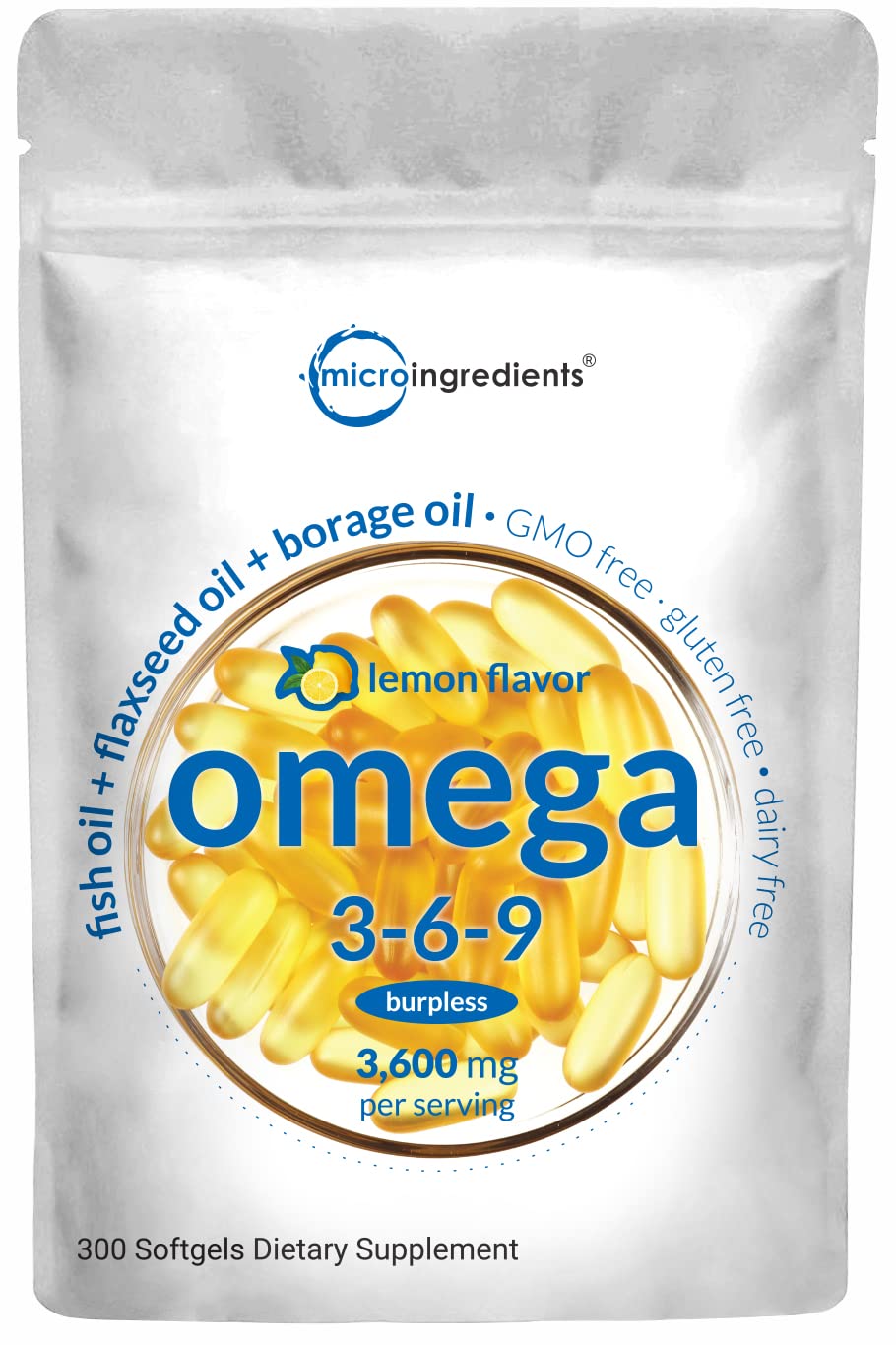 Ultra Omega 3-6-9 3600mg Perserv, 300 Burpless Softgels | Lemon Flavor Micro IngredientsAu supplements