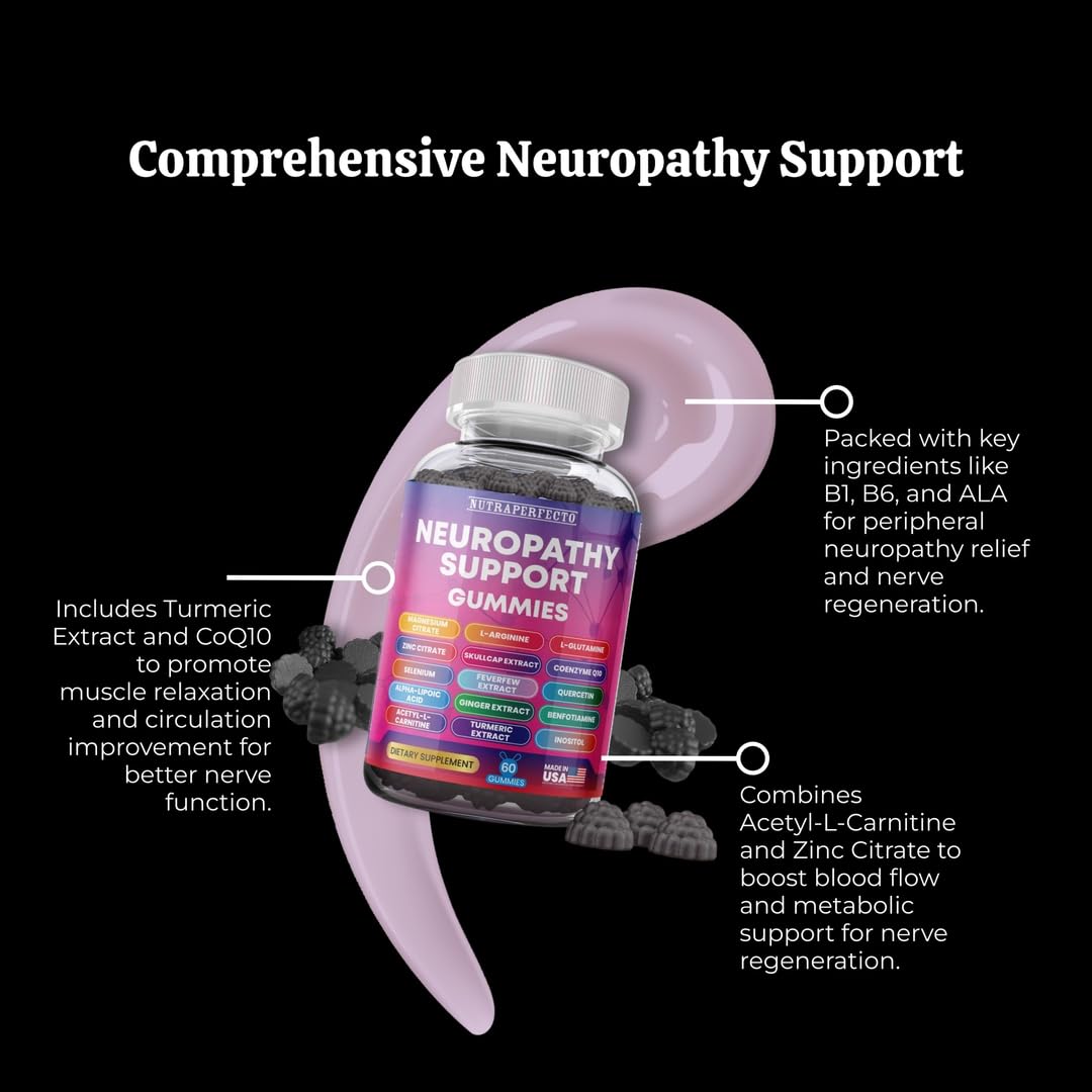 Sugar Free Neuropathy Support Gummies for Nerve – Enhanced Nerve Health, Regeneration, Cognitive Support with Vitamin B1, B6, B12, Magnesium, ALA, Turmeric, CoQ10 & More NutraPerfectoAu supplements