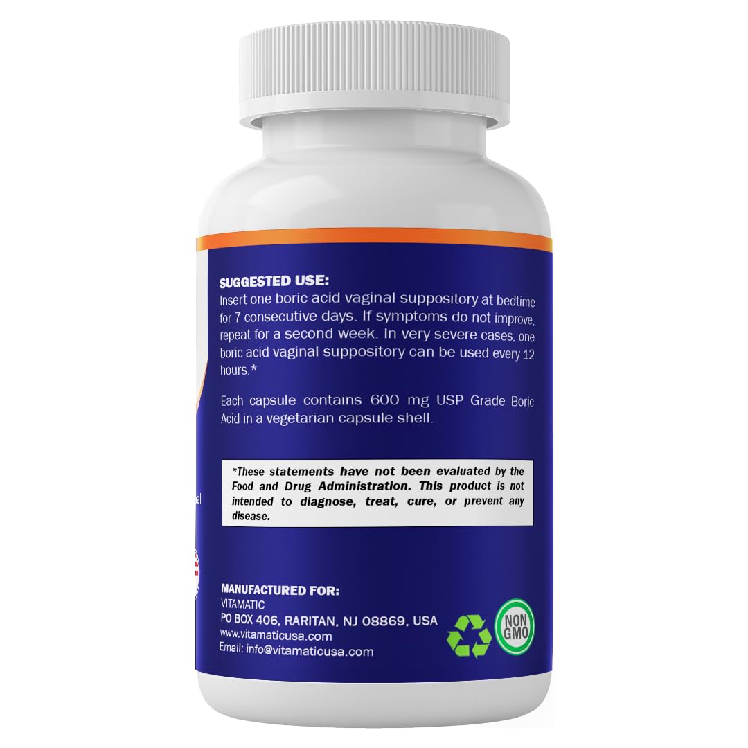 Vitamatic Boric Acid Vaginal Capsule Shell Suppositories 600 mg USP Grade Boric Acid in Vegetarian Capsule Shell - 60 Count VitamaticUS supplements