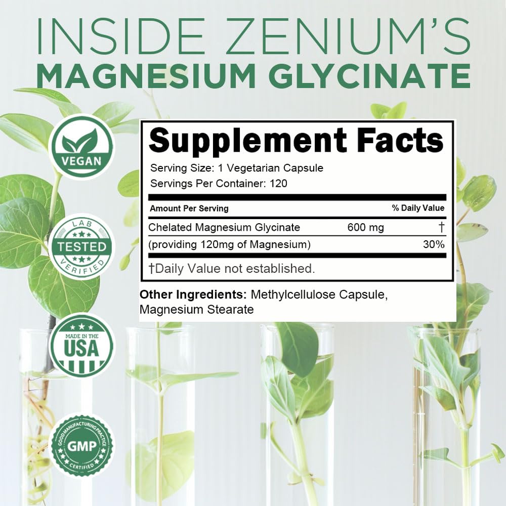 Zenium - Magnesium Glycinate for Sleep, Chelated, 600mg per Serving, 120 Capsules | High Absorption | Relieve Tension, Worry, Nervousness | Calm The Mind & Body | Ayurvedic | Natural Relief Supplement ZeniumAu supplements
