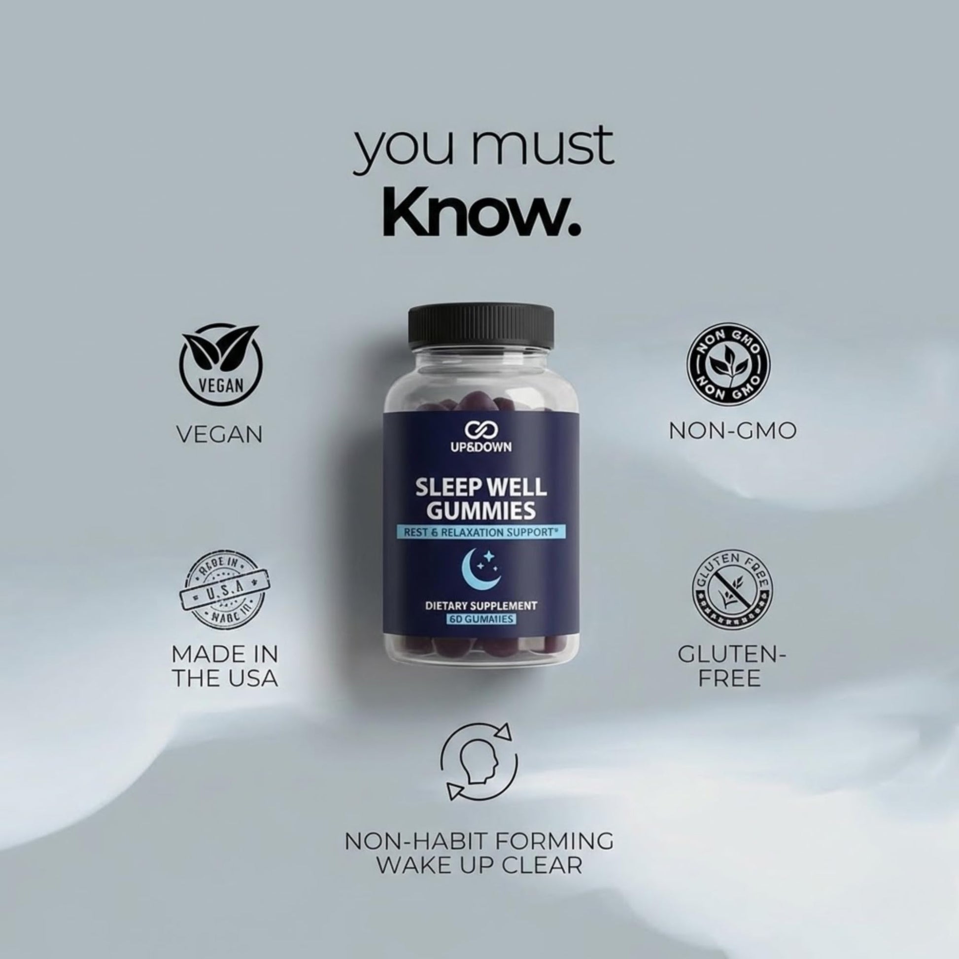 Up&Down Supplements Sleep Well Gummies | Deeper Sleep, Relaxation, Rest & Recovery Support | Melatonin, Vitamin B6 & Passionflower | Made in USA | Vegan, Non-GMO, Gluten Free | 60 Sleep Gummies Up&Down SupplementsAu supplements