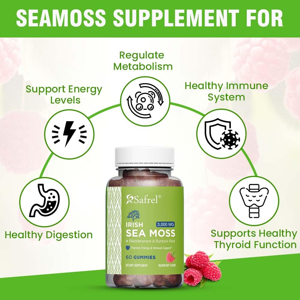 Safrel Irish Sea Moss Gummies 3000mg with Bladderwrack and Burdock Root, Thyroid Energy and Immune Support, Vegan Raspberry Flavor, 60 Gummies SafrelAu supplements