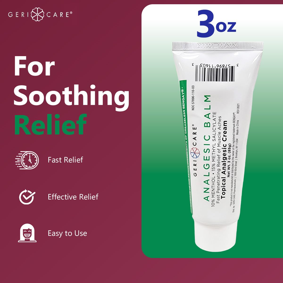 GeriCare Topical Analgesic Cream, Menthol 10%, Methyl Salicylate 15%, Fast Absorption, Pain Relief of Minor Muscle Aches, Body Stiffness, Joint Pain & Soreness, 3 Ounce (Pack of 1) GeriCareAu supplements