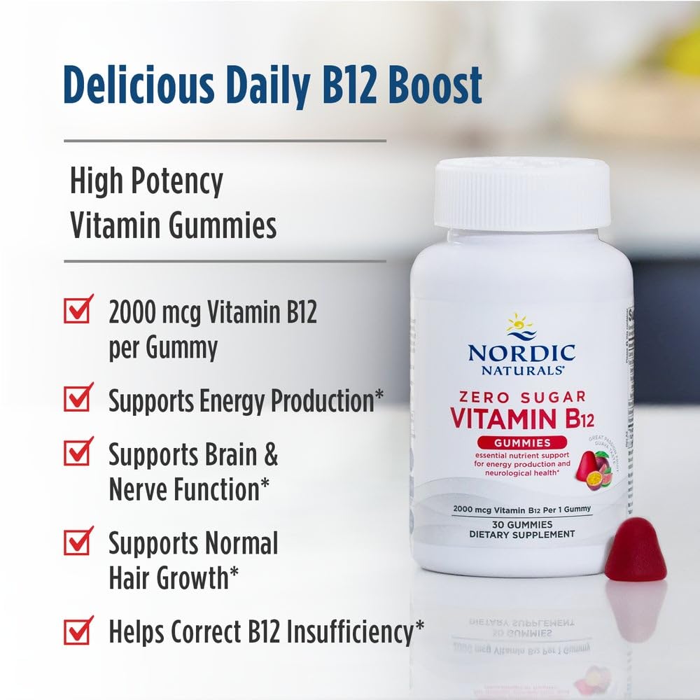 Nordic Naturals Zero Sugar Vitamin B12 Gummies - 2000 mcg Vitamin B12 per Gummy, Passion Fruit Guava Flavor - 30 Gummies, Essential Nutrient Support for Energy Production and Brain Health, 30 Servings Nordic NaturalsAu supplements