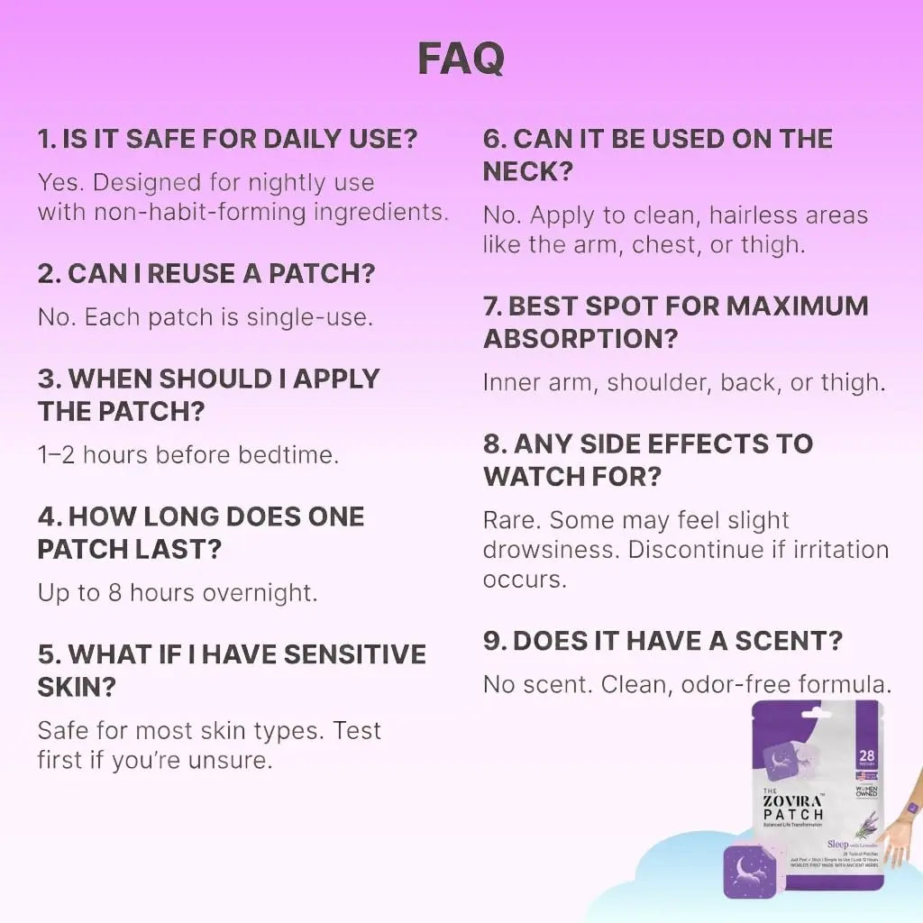 Zovira Sleep Patches for Adults, Melatonin Free with Lavender & Magnesium | Time-Release Transdermal, Aromatherapy Sleep Aid | Non-Habit Forming, Hypoallergenic, All-Night Restorative Sleep | 28 Count ZOVIRAnz supplements