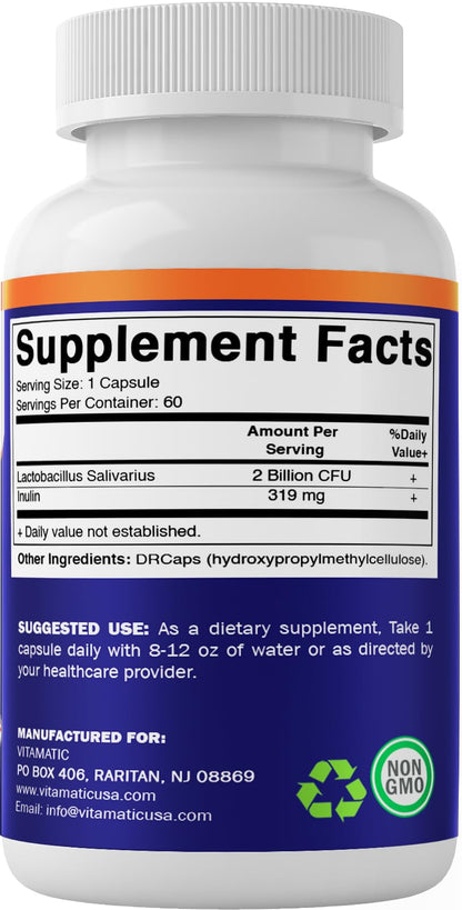 Vitamatic Lactobacillus Salivarius 2 Billion per DR Capsule - 60 Count - Digestive Support VitamaticUS supplements