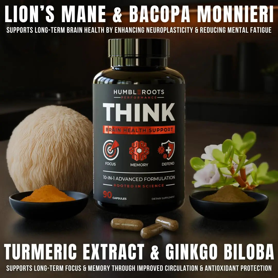 FOCUS + THINK Nootropic Brain Supplement Bundle - Energy, Memory & Focus Support - Caffeine + Caffeine-Free Cognitive Stack with Lion's Mane, Bacopa, Citicoline & L-Theanine - 2 Bottles (90 + 90 Capsu HUMBLEROOTS PERFORMANCEnz supplements