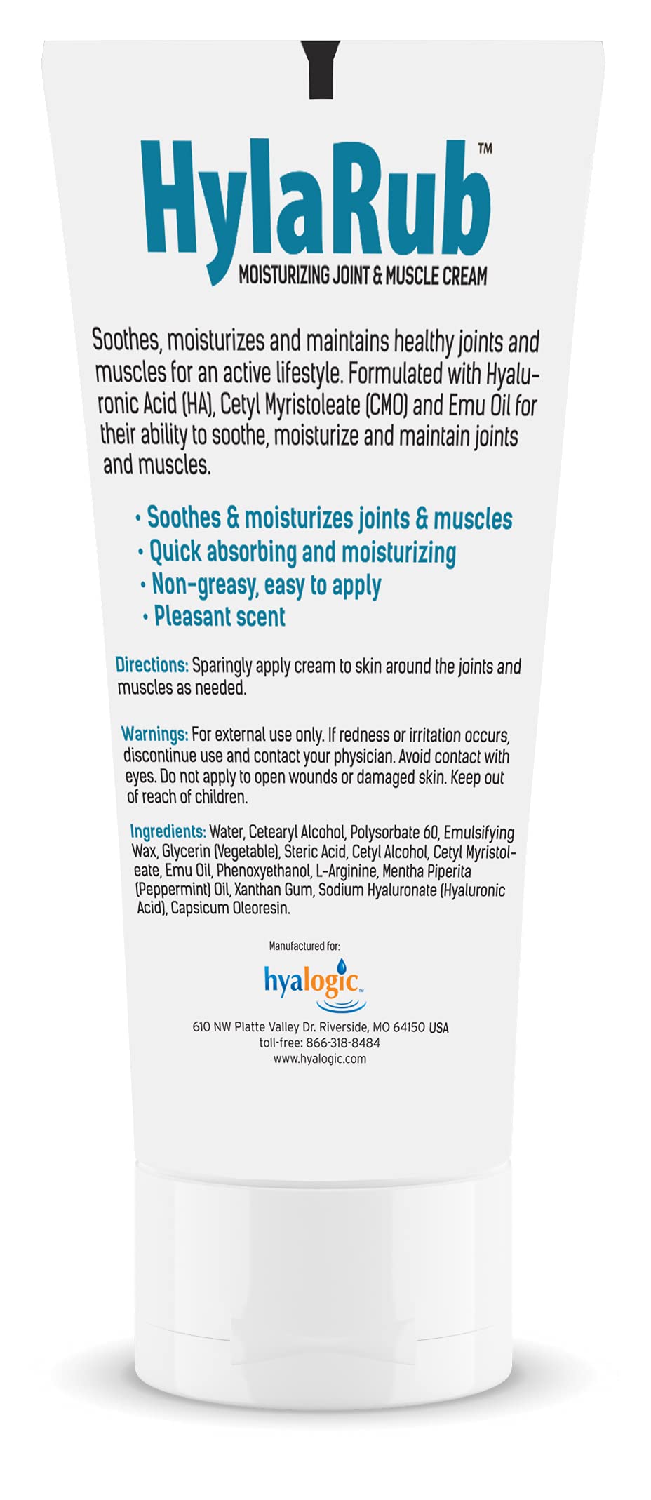 HylaRub HA Joint & Muscle Cream – Hyaluronic Acid Muscle Rub w/Emu Oil & CMO – Non Greasy, Soothes, Moisturizes & Maintains Shoulders, Knees, Back, HIPS & More 6 oz. by Hyalogic HyalogicAu supplements