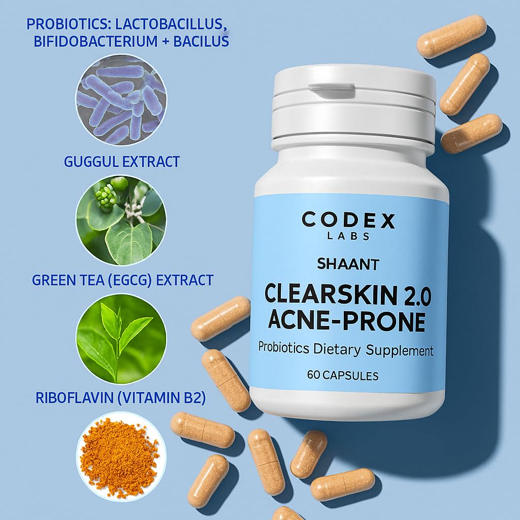 Codex Labs Shaant Clear Skin Supplement – 60 Vegan Capsules | Acne Probiotics with 9-Strain Blend, Green Tea EGCG & Guggul – Daily Support for Acne-Prone Skin & Clear Complexion Codex LabsAu supplements