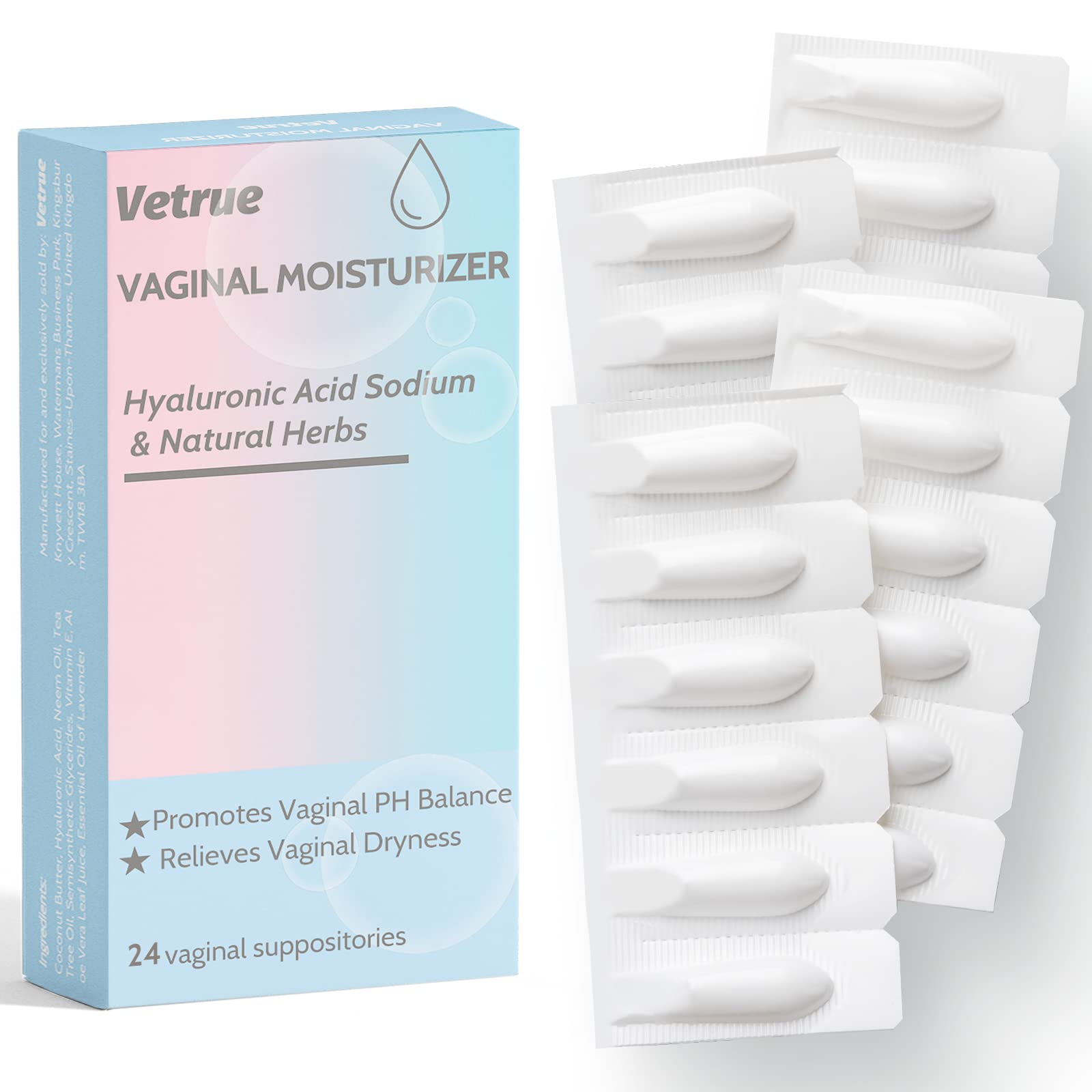 Intimate Moisturizer, Vaginal Suppository for Dryness & Discomfort, Feminine Long Lasting Hydration Support with Hyaluronic Acid and Natural Herbs - PH Balance, Estrogen and Drug Free (24 Inserts) vetrueUS supplements