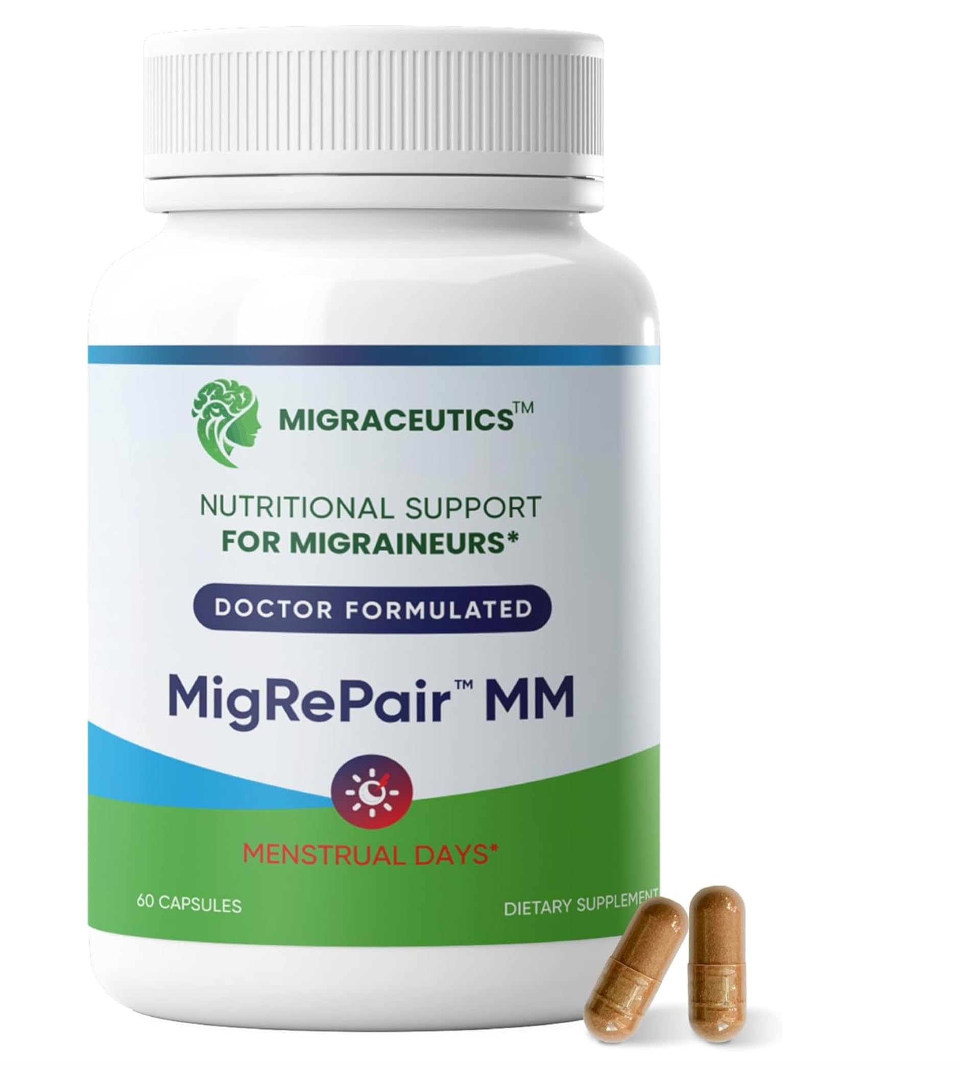 MigRePair MM Bottle of 60 - Doctor Formulated Natural Herbal Migraine Supplement for Women, Menstrual Migraine Relief, Hormonal Migraine Support with Feverfew, White Willow Bark Pine Bark & Grape Seed MigraceuticsAu supplements