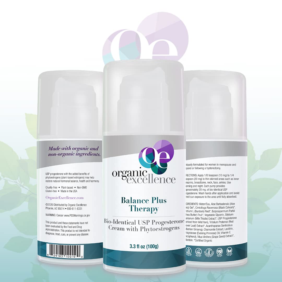 Organic Excellence Balance Plus Therapy - USP Bioidentical Organic Progesterone Cream for Women - with Phytoestrogens - for Menopause Relief and Natural Hormone Balance, 3.3 fl oz (100g) Organic ExcellenceAu supplements