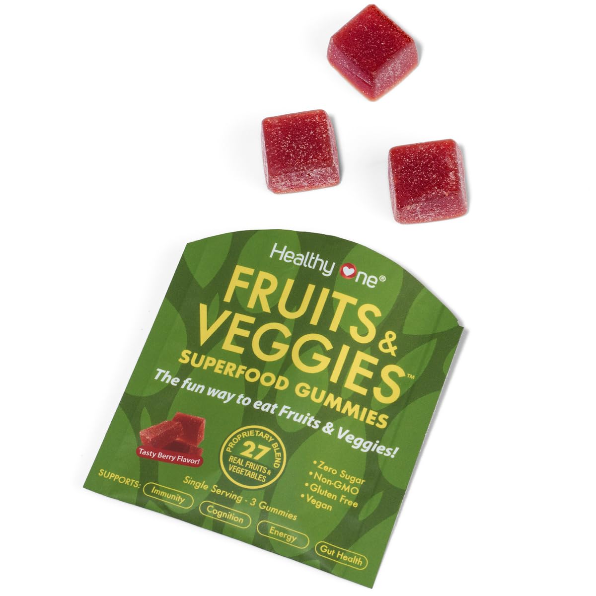Fruits & Veggies Sugar-Free Gummies - 27 Whole Foods - Equals 3 Servings of Fruits & Vegetables - Improve Energy, Focus & Immune Function - Fiber - Antioxidants - Organic Ingredients - 28 Packets Healthy OneAu supplements