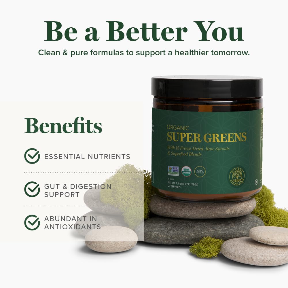 Global Healing Organic Super Greens Powder Blend - Greens Superfood Powder with 15 Raw Whole Sprouts - Delicious Green Juice Smoothie Mix for Daily Nutrition - Non-GMO, Gluten-Free Greens Supplements Global Healing CenterAu supplements