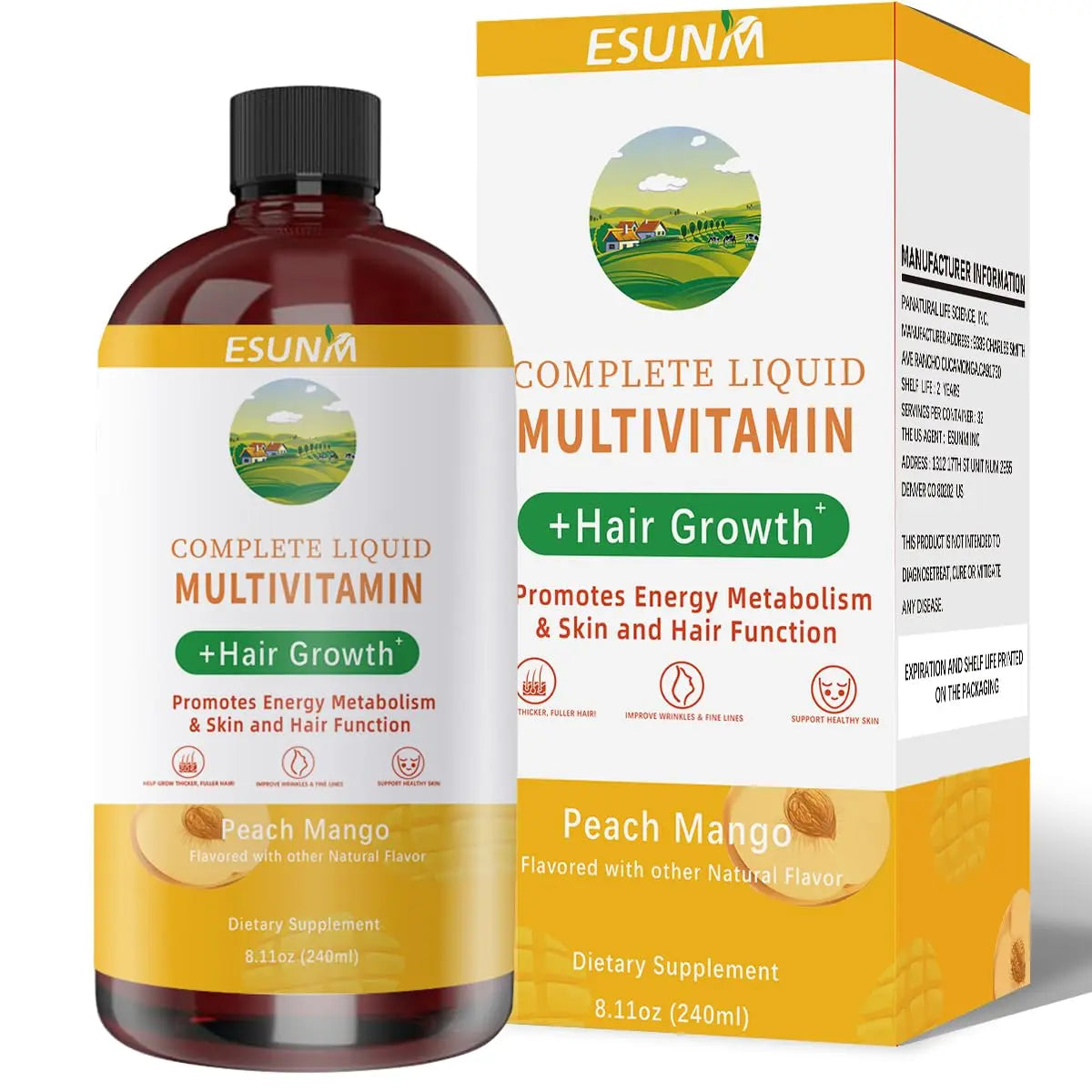 ESUNM Complete Liquid Multivitamin + Hair Growth, Promotes Energy Metabolism& Skin and Hair Function| Vitamin C D | B Vitamins | ESUNMAu supplements