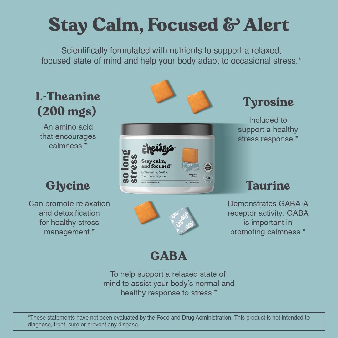 Chewsy So Long Stress, Calm Fruity Chews, Stay Calm & Focused. w/L-theanine, Amino Acid, GABA, Glycine, Tyrosine, Taurine & Magnesium. Non-GMO and Gluten-Free. Tropical Fruity Chews, 30-Day Supply CHEWSYAu supplements