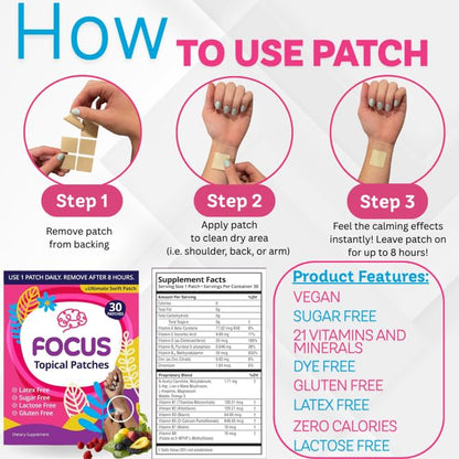 Swift Patch Focus Patch for Adults (30 Day Supply) + Proprietary Blend (Men and Women) - Help Kids and Adults Focus with Patches 22 Ingredients with Proprietary Formula Ultimate Swift PatchUS supplements