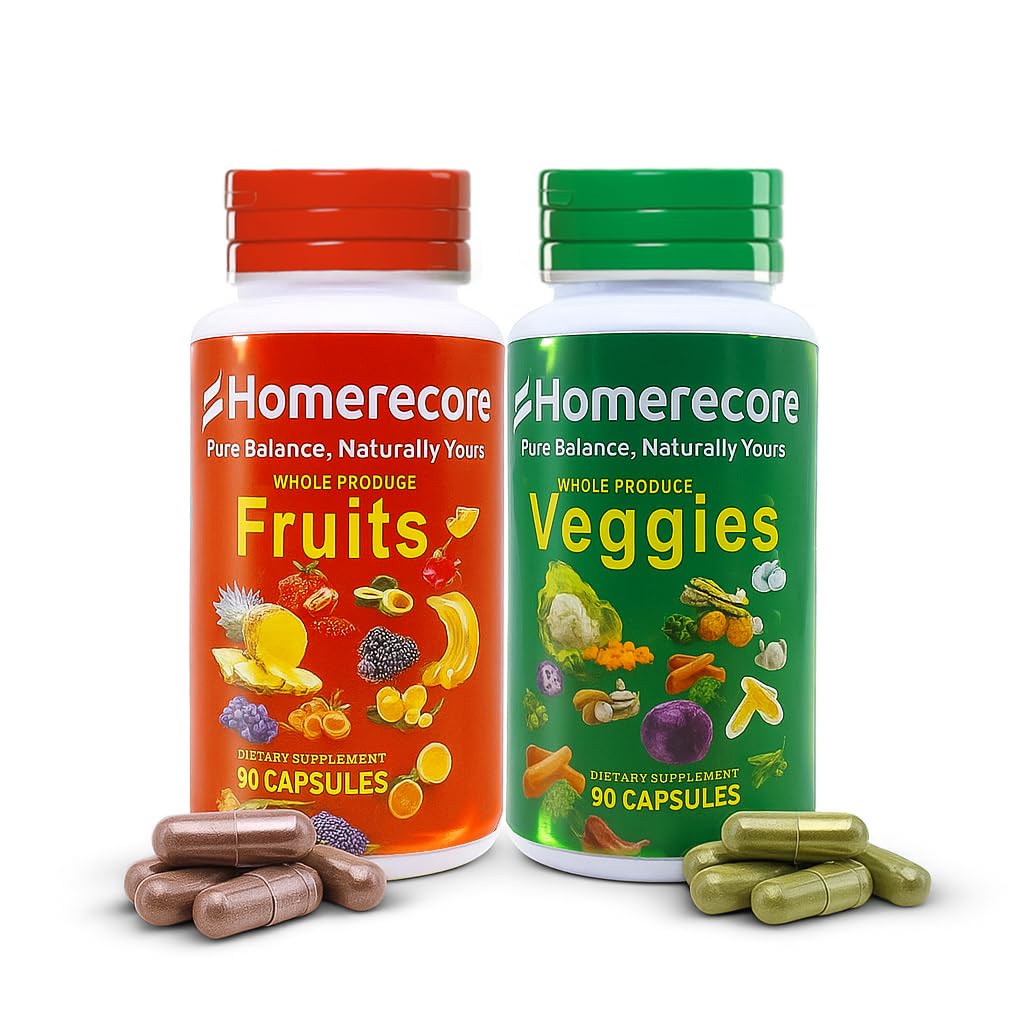 HOMERECORE Whole Food Fruits & Veggies Supplement Plant-Based, Vegan, Gluten-Free, Soy-Free No Fillers Natural Superfoods Boost Energy & Immune System for Men & Women 90 Fruit & 90 Veggie Capsules HOMERECOREAu supplements