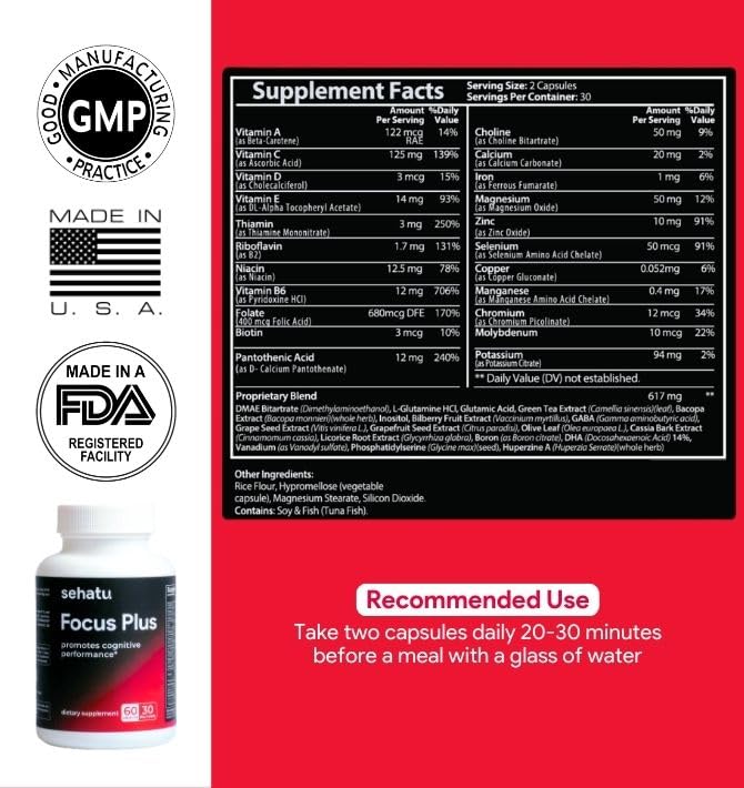 SEHATU Focus Plus Cognitive Performance Enhancer | with N-Acetyl L-Tyrosine, DMAE Bitartrate, GABA, Glutamic Acid | Boosts Focus, Enhances Memory, Supports Brain Health | 60 Count | 30 Day Supply SEHATUAu supplements
