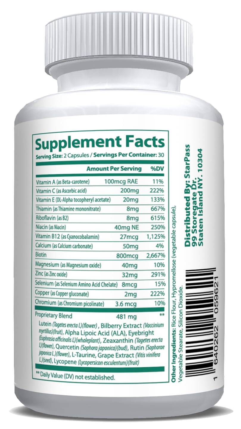 Pure Eye Health Vitamin & Mineral Supplements for Adults | #1 Complete Research Vision Formula w/Bilberry, Lutein, Zeaxanthin, Lycopene, Resveratrol | Supports Eye Strain, Dry Eyes 60 Capsules StarPass LabsAu supplements