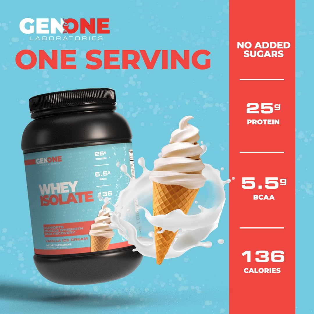 GenOne Whey Protein Powder Isolate, 25g Protein and 5.5g BCAAs per Serving, Vanilla Ice GENONE LABORATORIESUS supplements