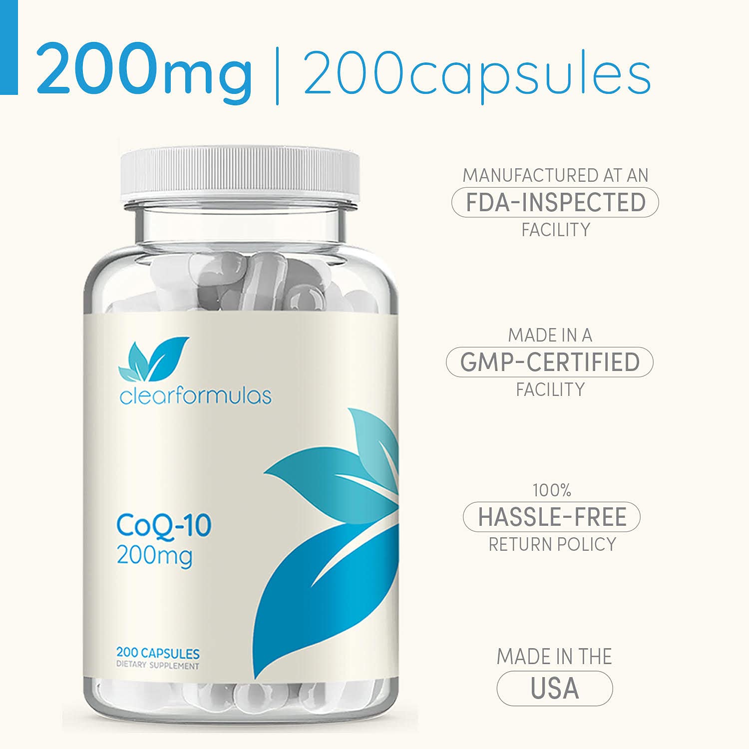 Clear Formulas CoQ10 200mg 200 Capsules Quick Absorption Non-GMO Clear FormulasUS supplements