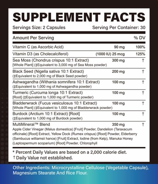 Trisundi Sea Moss Complex with Black Seed Oil, Ashwagandha & Burdock Root – All-in-One Herbal Supplement with Vitamins & Minerals – 60 Capsules TrisundiAu supplements
