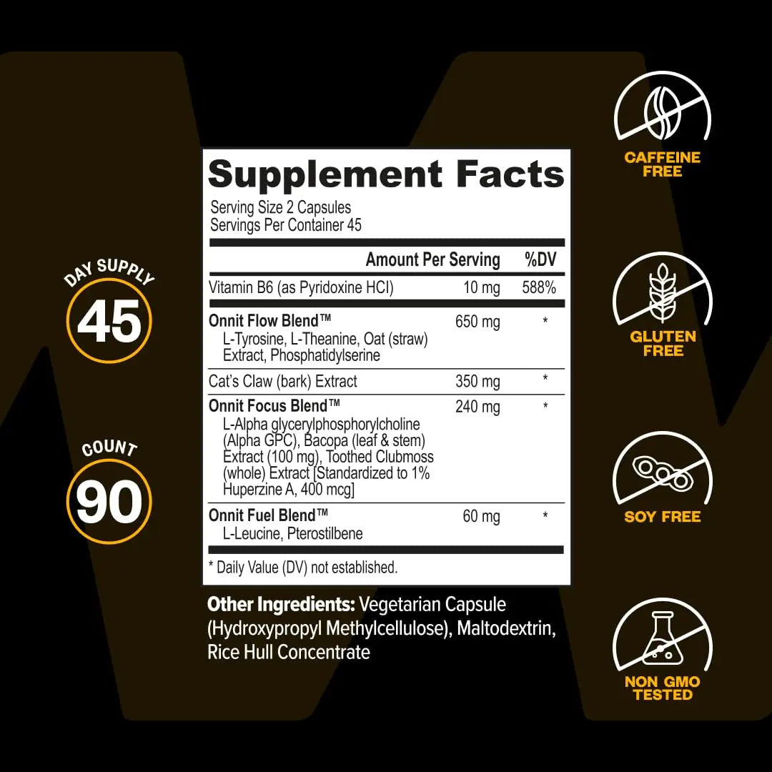 ONNIT Alpha Brain Nootropic Brain Supplement for Focus, Memory, Mental Clarity, Cognitive Support with L-Theanine and Vitamin B6, 90 Count ONNITnz supplements