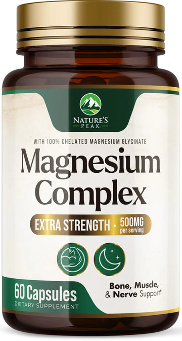 Magnesium Complex Supplement - Magnesium 500mg Per Serving - High Absorption Blend of Glycinate, Citrate, Malate, Oxide - Supports Sleep, Muscle, Bone, Heart Health - Bottled in USA - 60 Capsules Nature's PeakAu supplements