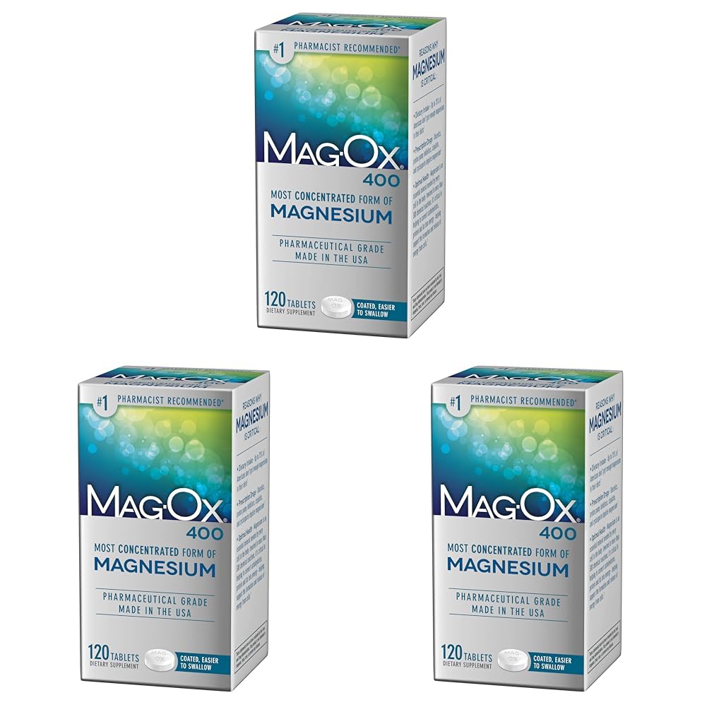 Mag-Ox Magnesium Supplement, Pharmaceutical Grade Magnesium Oxide 483mg, Most Concentrated Form of Magnesium, 120 Tablets (Pack of 3) Mag-Ox 400Au supplements