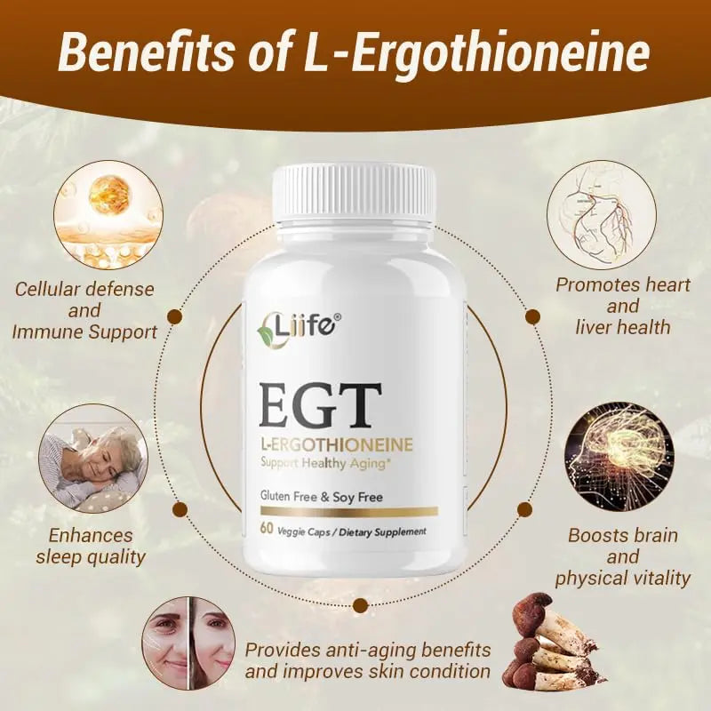 LIIFE L-Ergothioneine Supplement (EGT) 30mg,Compound Antioxidant Supplement (May Support Longevity and Healthy Aging) Promotes Skin Health，60 Capsules，Non-GMO, Gluten Free, Vegan Safe LIIFEAu supplements