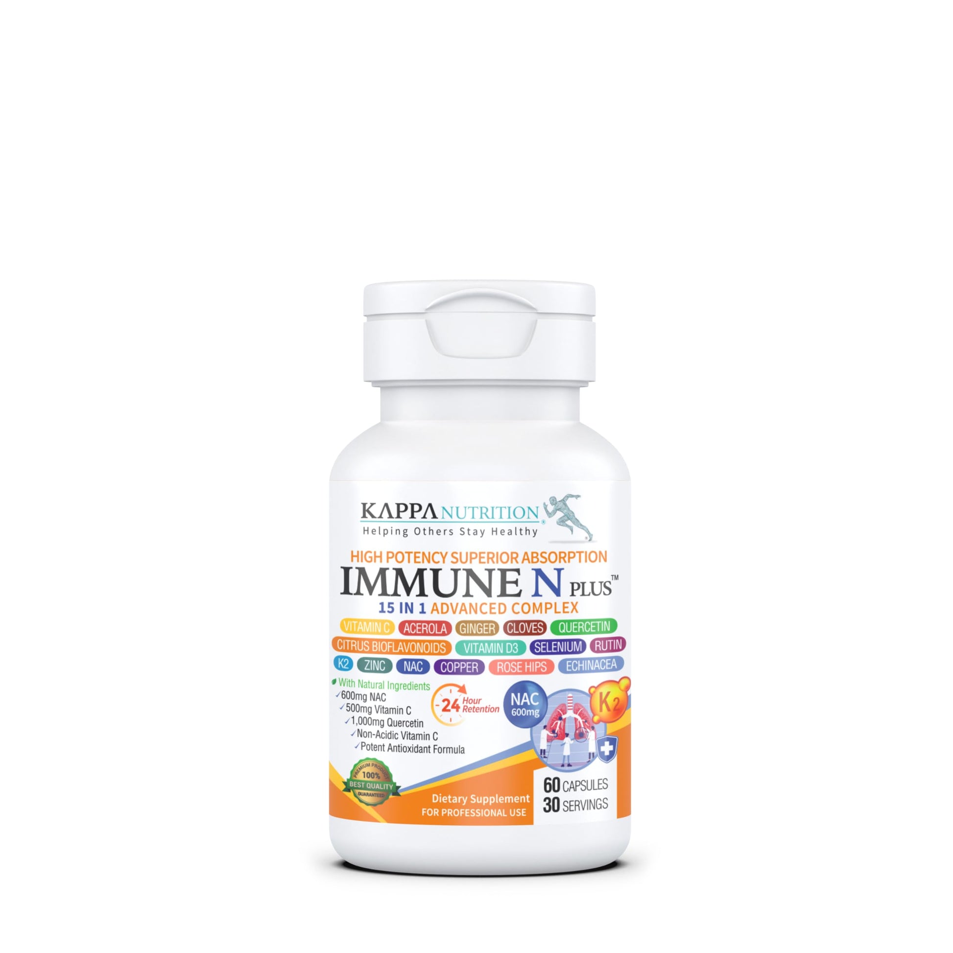 (60 Capsules), NAC 600mg, Quercetin 1,000mg, Vitamin C 500mg, Zinc 50mg, Vitamin D3 5,000iu, Selenium, Copper, Acerola, Ginger, Rutin, Citrus Bioflavonoids, Rose Hips, Echinacea, Immune N Plus 15 in 1 KAPPA NUTRITIONAu supplements