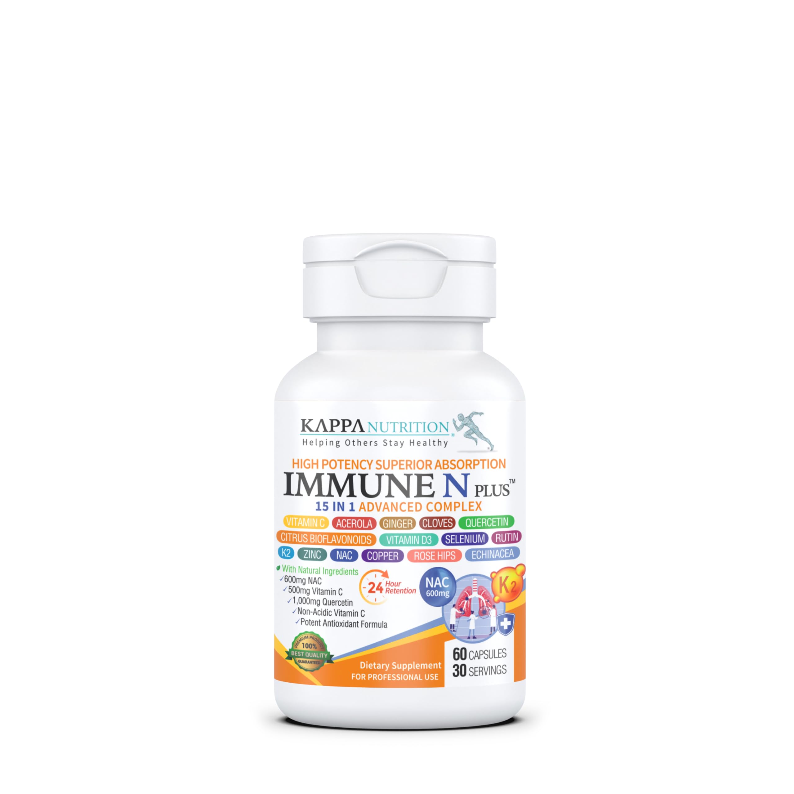 (60 Capsules), NAC 600mg, Quercetin 1,000mg, Vitamin C 500mg, Zinc 50mg, Vitamin D3 5,000iu, Selenium, Copper, Acerola, Ginger, Rutin, Citrus Bioflavonoids, Rose Hips, Echinacea, Immune N Plus 15 in 1 KAPPA NUTRITIONAu supplements