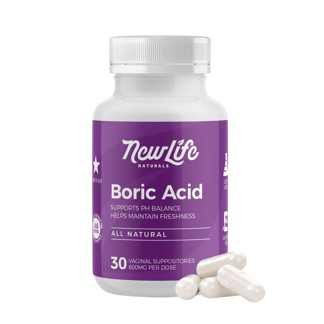 NewLife Naturals - Boric Acid Suppositories for Women pH Balance Pills - 600mg - Feminine Care - Vaginal Odor Itching Discharge BV | Made in USA | 30 Capsules NewLife NaturalsUS supplements