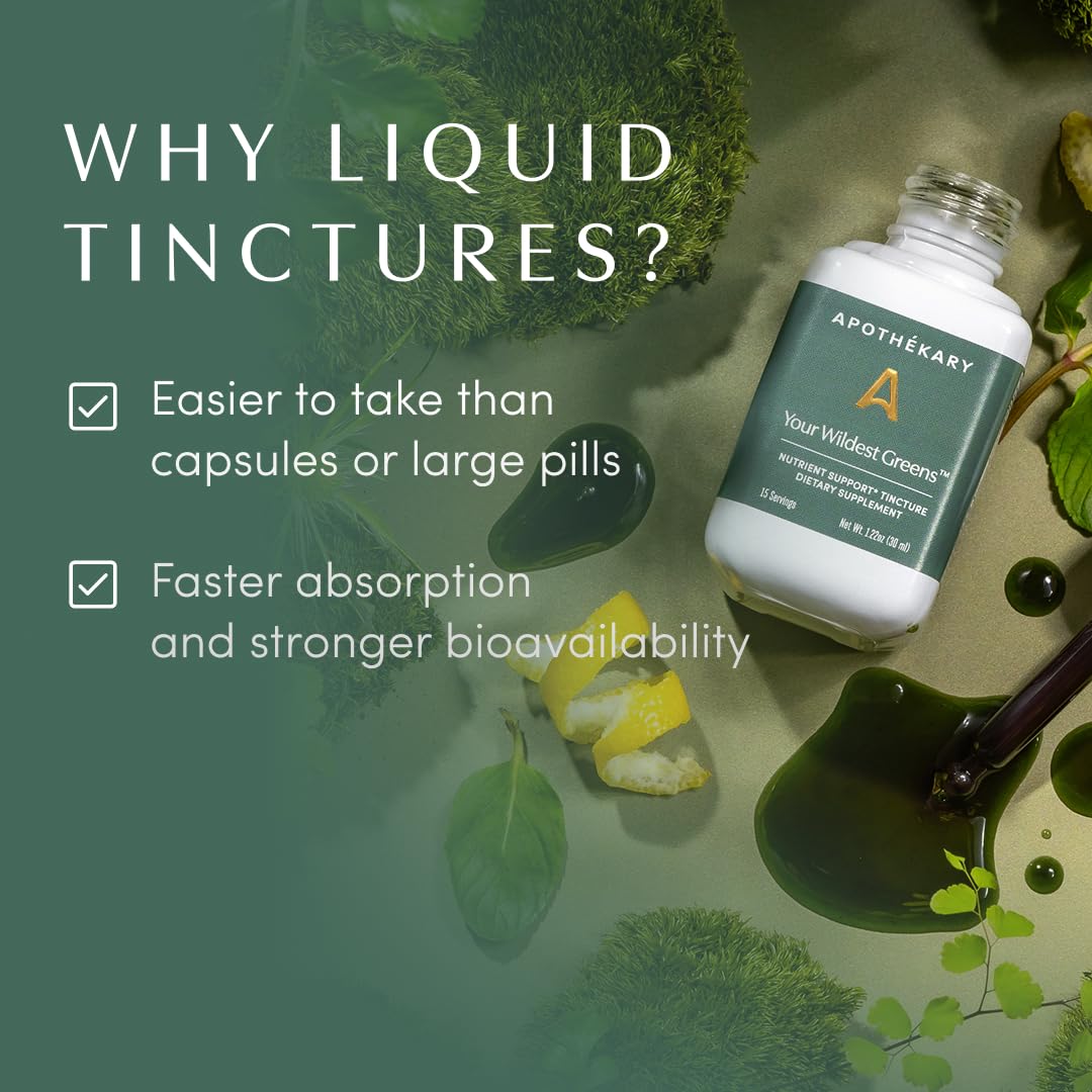 Apothékary Your Wildest Greens Herbal Liquid Drops, All-in-One Daily Superfood Supplement, Vitamin & Mineral Support, 5X Potency of Greens Powders, Sugar Free, Calorie Free, (15 Servings) 1.22oz ApothékaryAu supplements