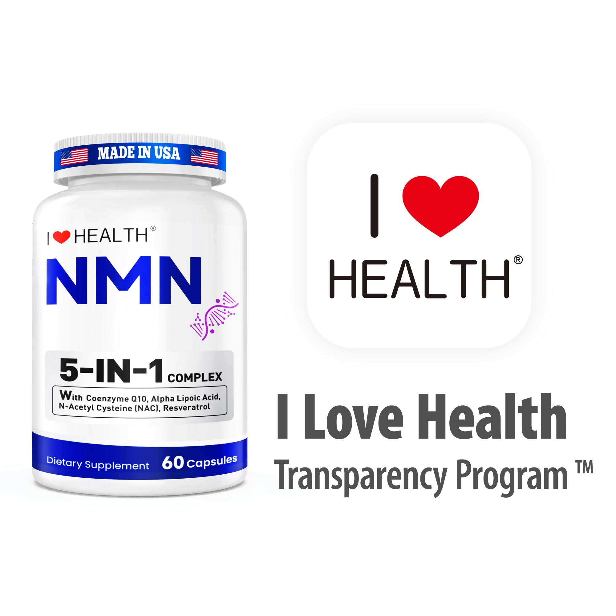 I LOVE HEALTH NMN Supplement, 5-in-1 Complex with NAC, Alpha Lipoic Acid, CoQ10 & Resveratrol - High Absorption Anti Aging Formula - Third Party Tested, cGMP, Gluten Free - 60 Capsules I LOVE HEALTHAu supplements