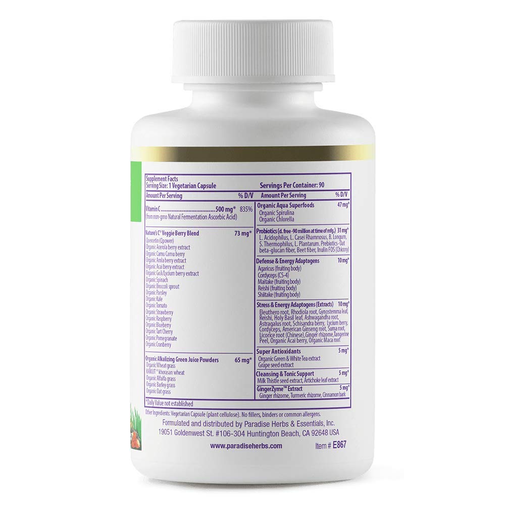 Paradise Herbs Earth's Blend Vitamin C with Nature's C and Adaptogens, Superfoods Base of Probiotics & Organic Alkalizing Greens, 90 Vegetarian Capsules Paradise HerbsAu supplements