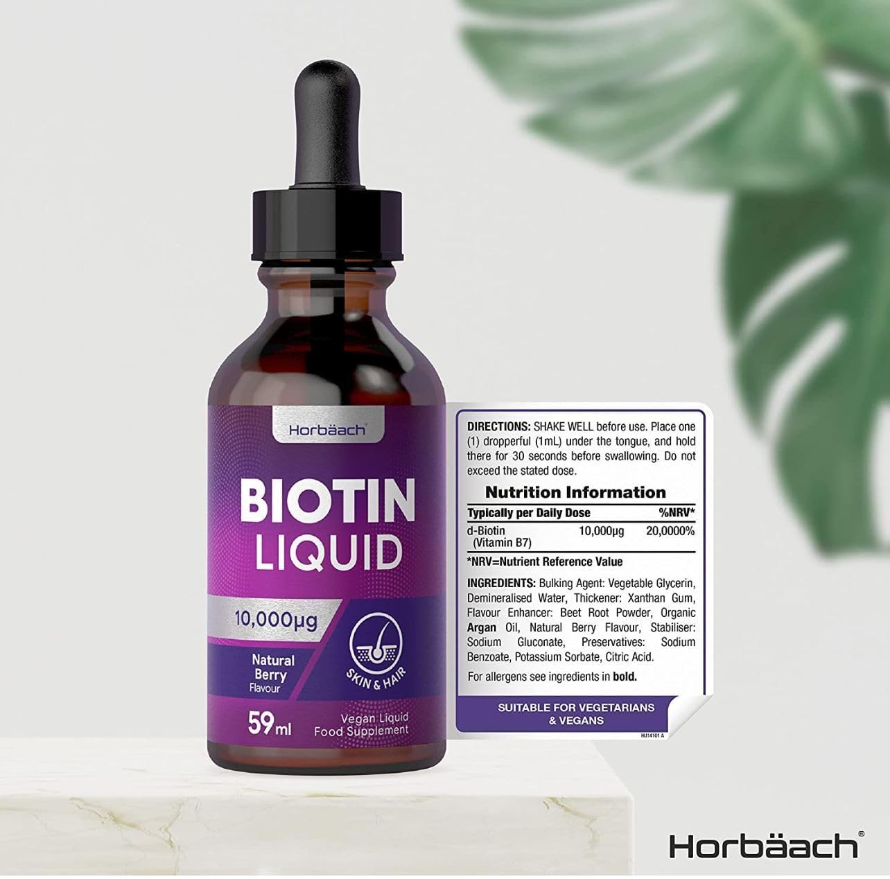 Biotin Liquid Drops for Hair & Skin Support | 10000 mcg Supplement | 59 ml Vitamin B7 HorbäachUS supplements