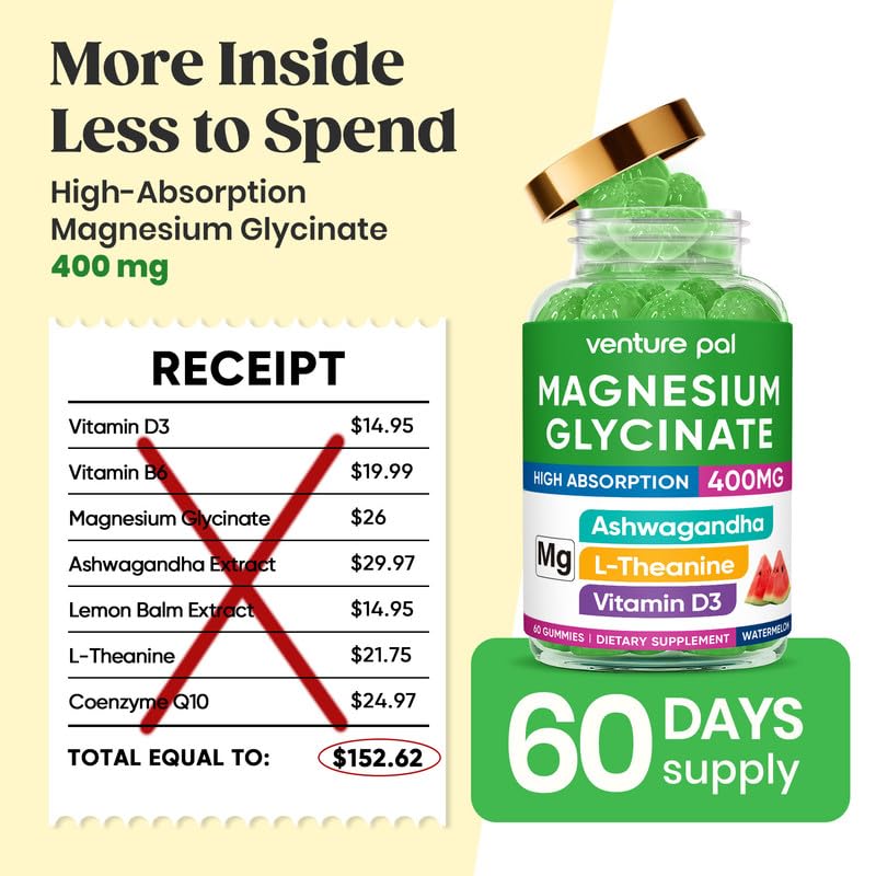 60 Day Supply Magnesium Glycinate 400mg Gummies with Ashwagandha, L-Theanine, CoQ10, Vitamin D3 & B6, Sugar Free Magnesium Gummies for Adults & Kids, Stress Relief, Sleep & Calm, Vegan, Gluten Free Venture PalAu supplements